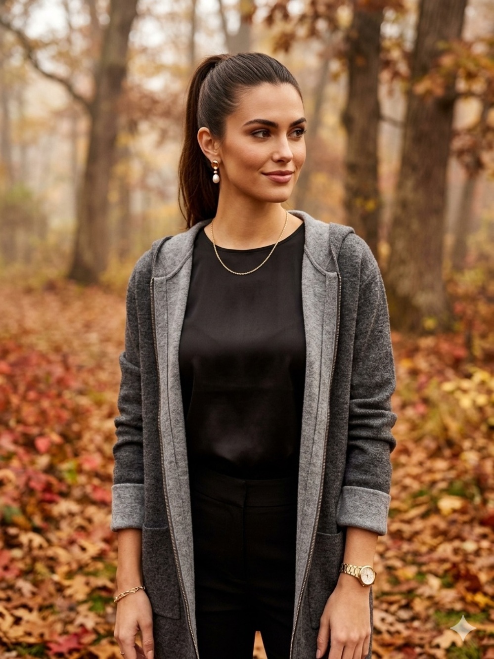 Jones New York Two-Tone Gray Hooded Open-Front Cardigan